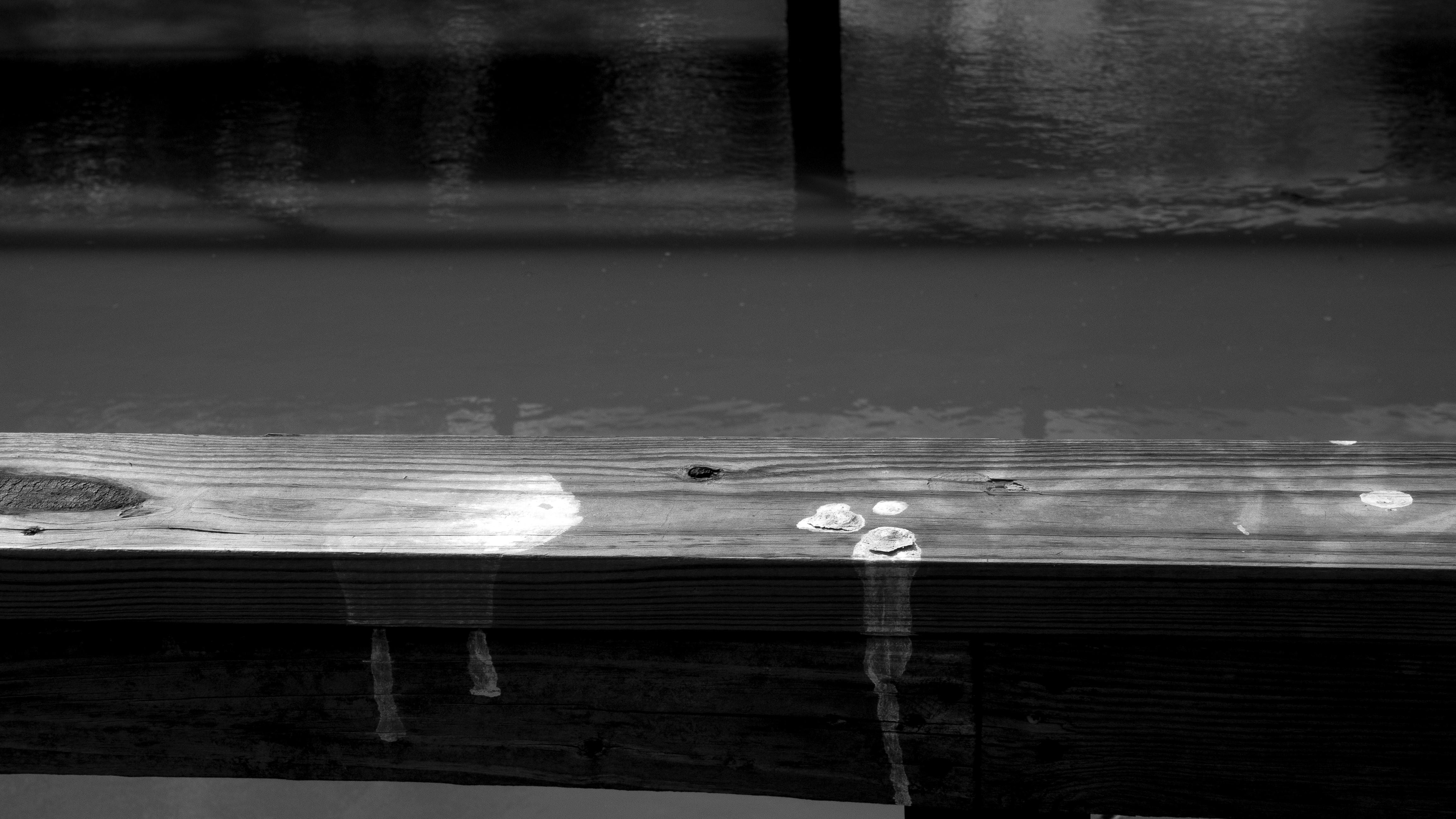 Wooden dock plank with water reflections