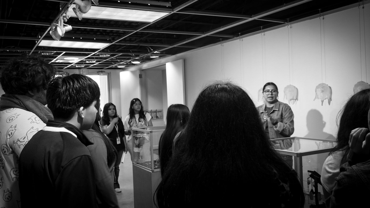Museum gallery, students and educator